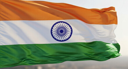 A close up of the indian flag waving gently in the wind with a bright sky as the backdrop