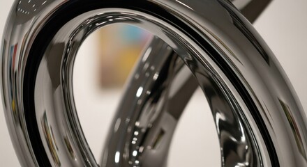 Close-up of polished, dark-grey metal, twisting, tubular forms, with reflections, abstract art