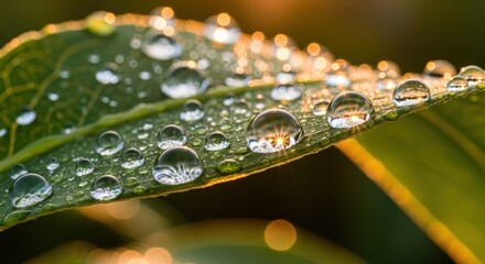 Close-up of a leaf covered in dew drops, reflecting sunlight