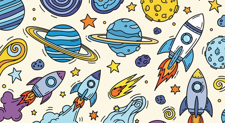 Colorful doodle pattern of outer space objects including planets, rockets, stars, and comets on a light beige background. © shankara