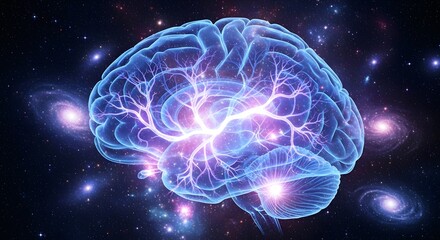 A translucent human brain glows brightly against a cosmic backdrop of galaxies and stars, showcasing its intricate neural network.