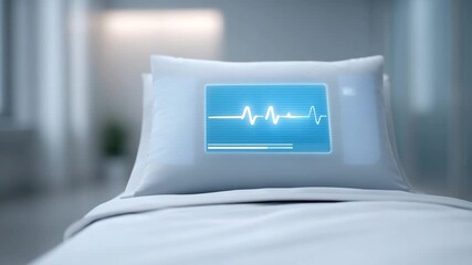 Smart Pillow for Sleep Analysis: A technological pillow displays a vibrant medical-style readout of vital signs, inviting viewers to explore a new era of sleep analysis with its advanced features. 