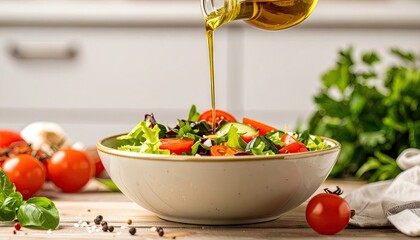Pouring Olive Oil on Fresh Salad in Ceramic Bowl