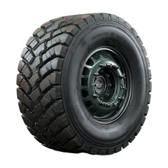 Obraz premium Heavy duty off road tire with aggressive tread pattern on a dark metal rim