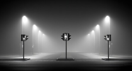 Foggy road at night with traffic lights