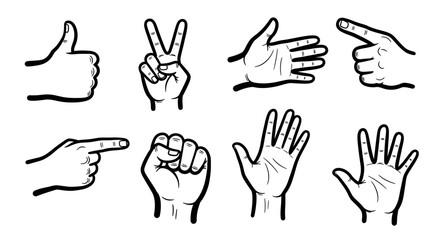 Hand drawn set of various hand gestures, including thumbs up, peace sign, pointing, and open palm, on an isolated white background.