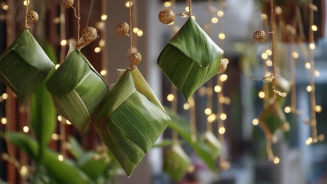 Decorative leaf-wrapped packages hang from string lights, creating a charming and festive ambiance.