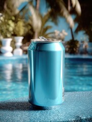 Obraz premium Blue Soda Can by Swimming Pool