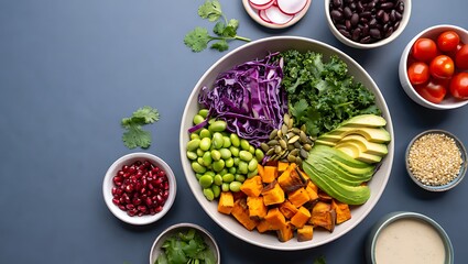 Vibrant and colorful Buddha bowl filled with kale, sweet potato, avocado, edamame, and red cabbage, surrounded by fresh ingredients on a grey-blue table.