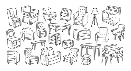 Hand drawn collection of various home and office furniture, chairs, tables, lamps, and drawers on an isolated white background.