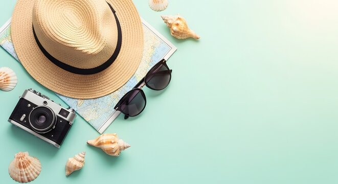 Summer vacation essentials arranged on a pastel background:  straw hat, sunglasses, camera, seashells, and a map.