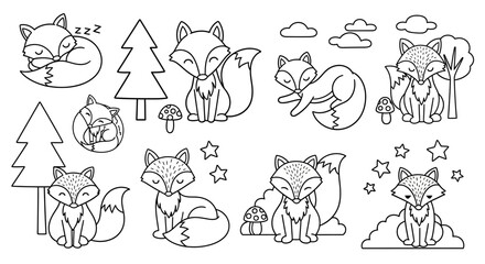 Adorable Cartoon Foxes in Woodland Setting Line Art Collection for Kids Coloring Book on Isolated White Background