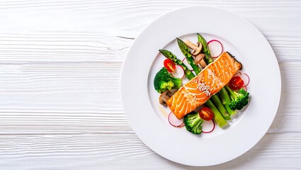 Elegantly Plated Seared Salmon Fillet with Asparagus, Broccoli, Radishes, and Mushrooms on White Wood.