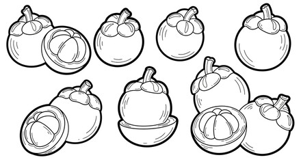 Set of whole and sliced mangosteens showing the internal fruit, as line art on an isolated white background for a coloring book.