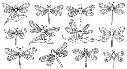 Collection of various dragonflies with detailed wings and bodies on an isolated white background, perfect for a coloring book.
