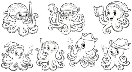 Funny Cartoon Octopuses Snorkeling Reading and Playing Outline for Coloring Book on Isolated White Background