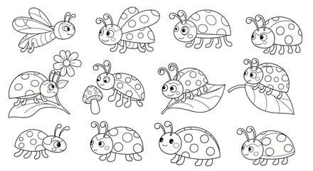 Adorable Cartoon Ladybugs and Insects Outline for Coloring Book on Isolated White Background