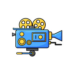 Flat vector illustration of a vintage movie camera with reels and lens. Suitable for film industry themes, cinema posters, video production, entertainment, media, and creative projects.