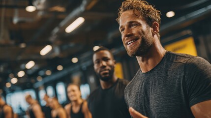 A smiling athletic instructor leading a fitness class, encouraging a diverse group of people