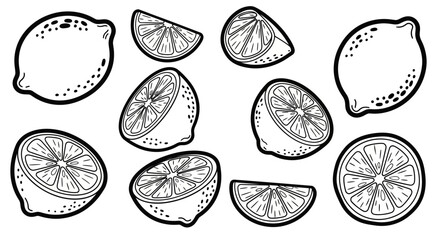 Black and white outline of whole and sliced lemons, a common citrus fruit, on an isolated white background.