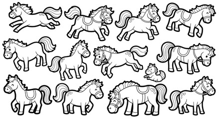 Set of playful cartoon horses in various dynamic poses like standing, trotting, and rearing, in black and white outline on an isolated white background.