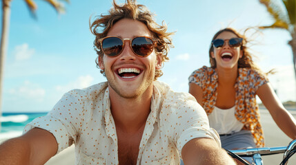 Joyful friends riding bicycles on sunny beach, enjoying laughter and freedom together