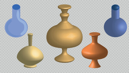 Vector illustration of decorative vases with modern design on a transparent background. Perfect for interior decor, floral arrangements, and creative design projects.