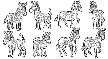 Collection of cartoon zebras in various standing and walking poses, in black and white outline on an isolated white background.