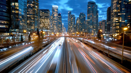 Obraz premium City lights illuminate evening commute, showcasing vibrant urban skyline and traffic flow