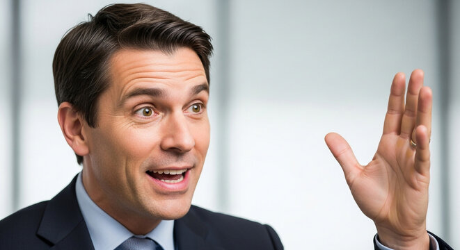 Professional businessman explaining concept with hand gesture in corporate office setting