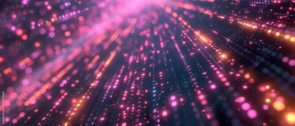 Wall mural abstract pink and orange data stream with letters and bokeh effect