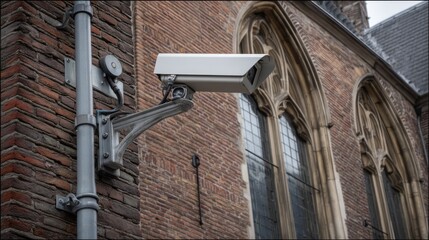 Security camera on brick building wall