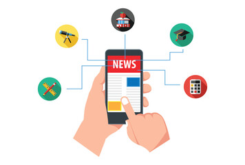 Online news, newspaper, news website flat vector illustration. News update, digital content, internet newspaper, news article for web banner and apps