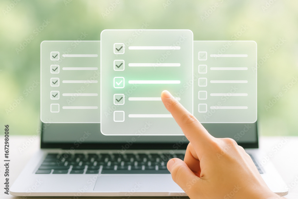 Poster hand interacting with digital checklist interface laptop screen, showing task completion
