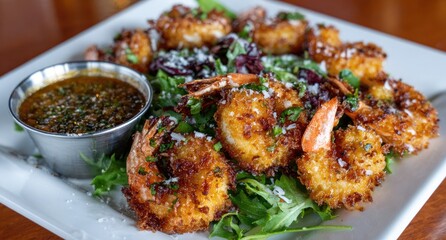 Crispy coconut shrimp salad with a side dipping sauce