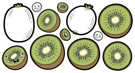 Cartoon Kiwis and Whole Citrus Fruit Slices for Coloring Book, Isolated White Background.