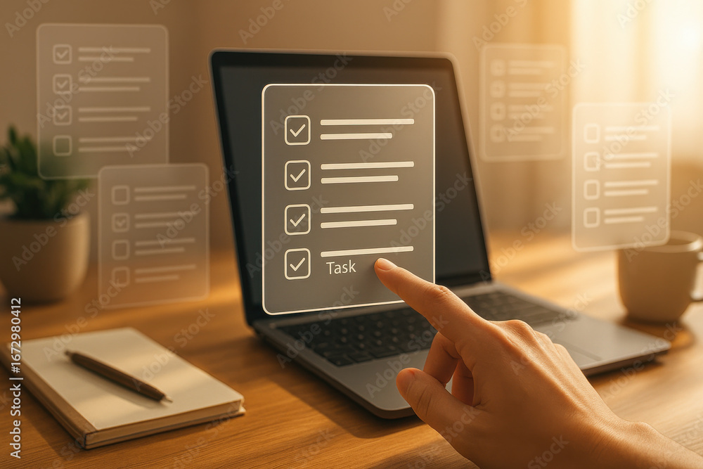 Poster task list with check marks on laptop screen and hand pointing, productivity concept