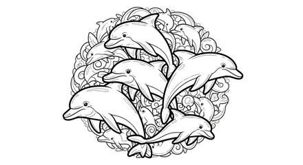Graceful Cartoon Dolphins Swimming in a Circular Mandala Pattern, Isolated White Background for Coloring Book