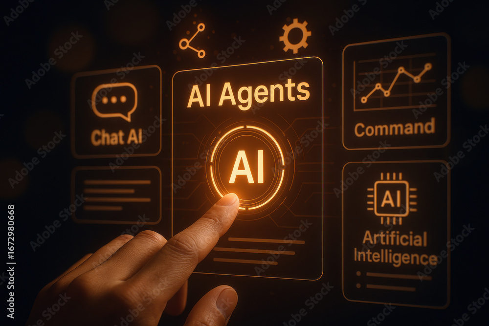 Poster ai agents interface with finger touch, artificial intelligence concept, command and chat