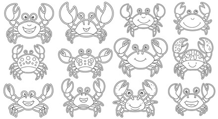 Happy Cartoon Crabs with Claws and Various Expressions, Isolated White Background for Coloring Book