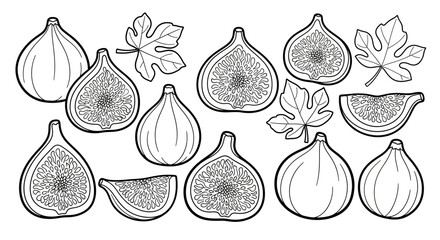 Fresh Figs Collection, Whole and Sliced with Leaves, isolated white background