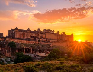 Fototapeta premium Majestic fort silhouetted against a vibrant sunset, sun rays bursting