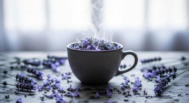Lavender tea cup steaming aromatic herbs relaxing herbal remedy wellness aromatherapy cup
