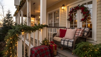 Cozy Christmas Balcony Nook with Plaid Cushions USA