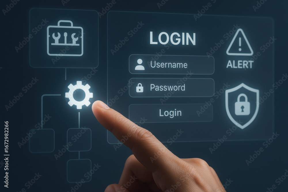 Poster login interface with security icons and hand pointing at gear symbol on screen