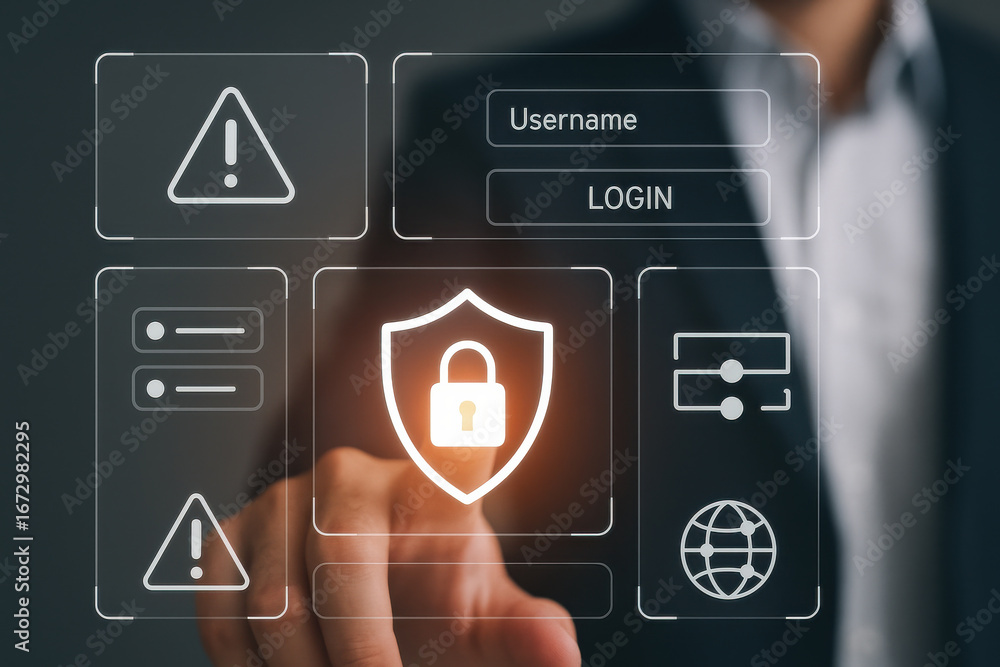 Poster cybersecurity login interface with shield lock icon and warning signs in business environment
