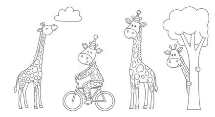 Cute Cartoon Giraffes Playing Outdoors, One Riding a Bicycle, Some Wearing Party Hats, Black and White Vector Illustration in Bright Studio
