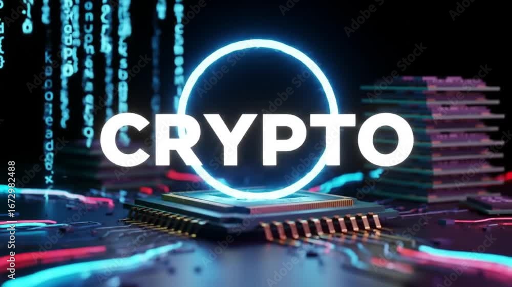Aufkleber abstract crypto currency concept with neon glow circuit and binary data