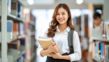The student confidently holding books in a modern library setting while studying.