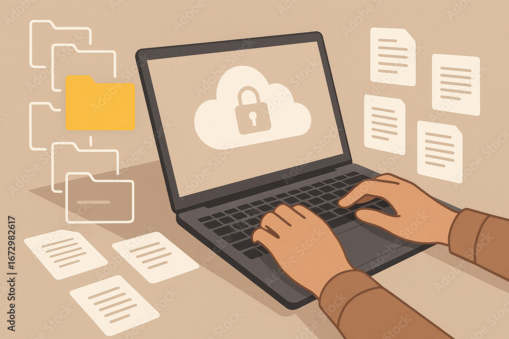 Poster cloud data security concept with hands typing on laptop keyboard and file icons
